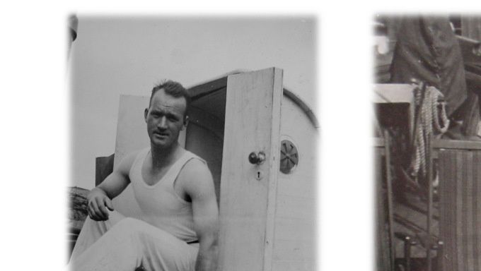 Til venstre en selfie, lenge før dette begrep ble oppfunnet. Bemerk snoren til kameraet. Til høyre om bord på 'Rogaland'.