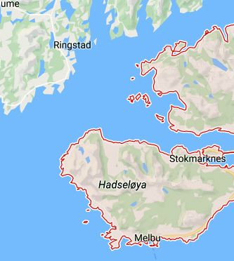 Hadsel er en stor kommune, med sentrum i Stokmarknes. Kart fra Google.