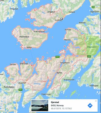 Hadsel er en stor kommune, med sentrum i Stokmarknes. Kart fra Google.
